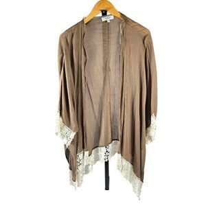 Umgee Brown Open-Front Sweater with Cream Lace Trim